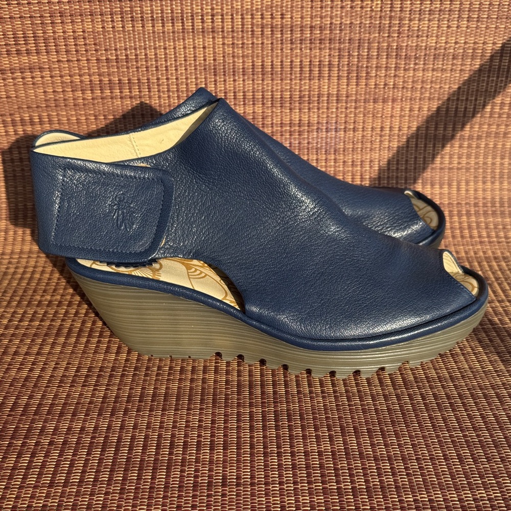 Fly London Navy Leather Wedge Sandals